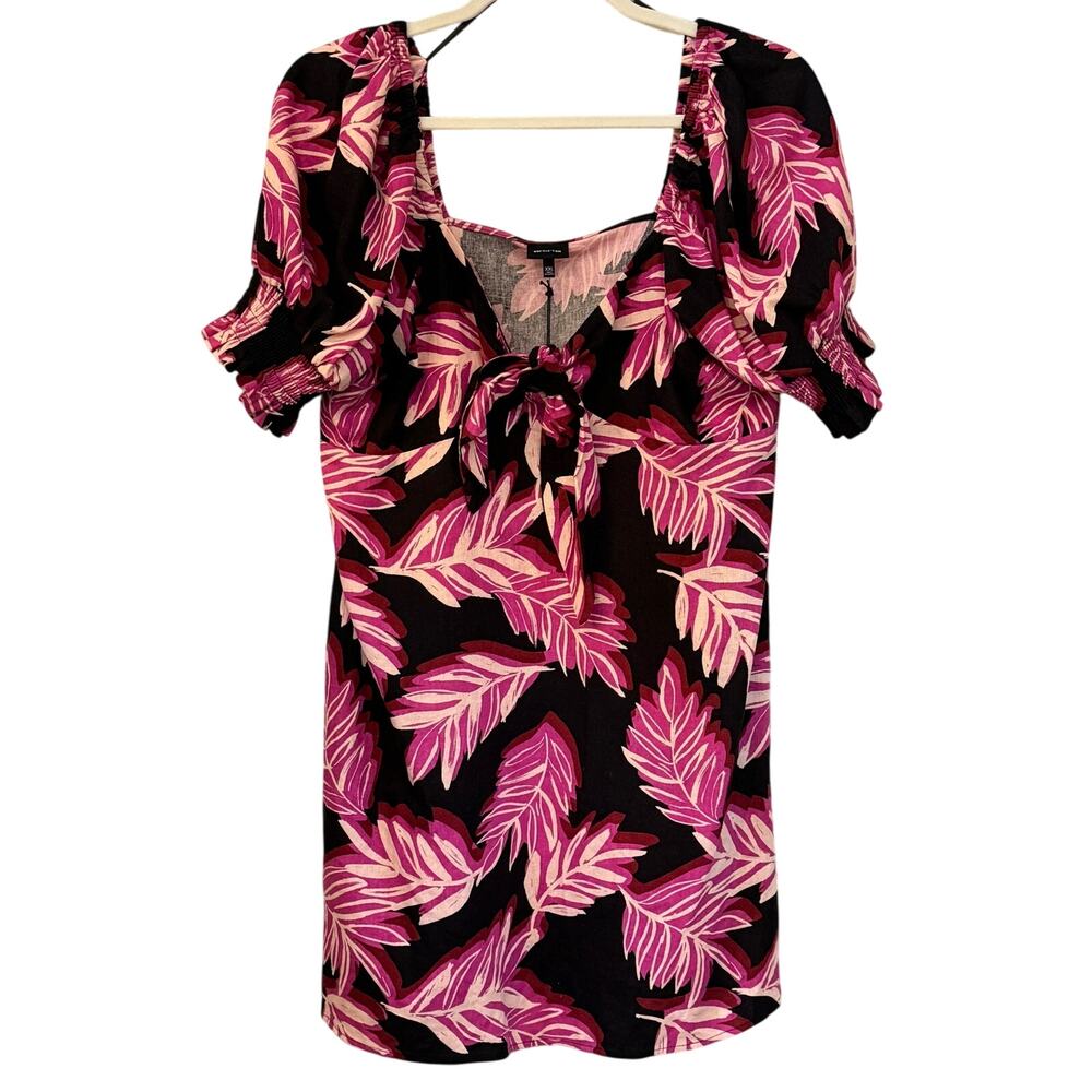 WHO WHAT WEAR Puff Sleeve Linen Blend Dress NEW Size XXL Pink Black Leaf Print